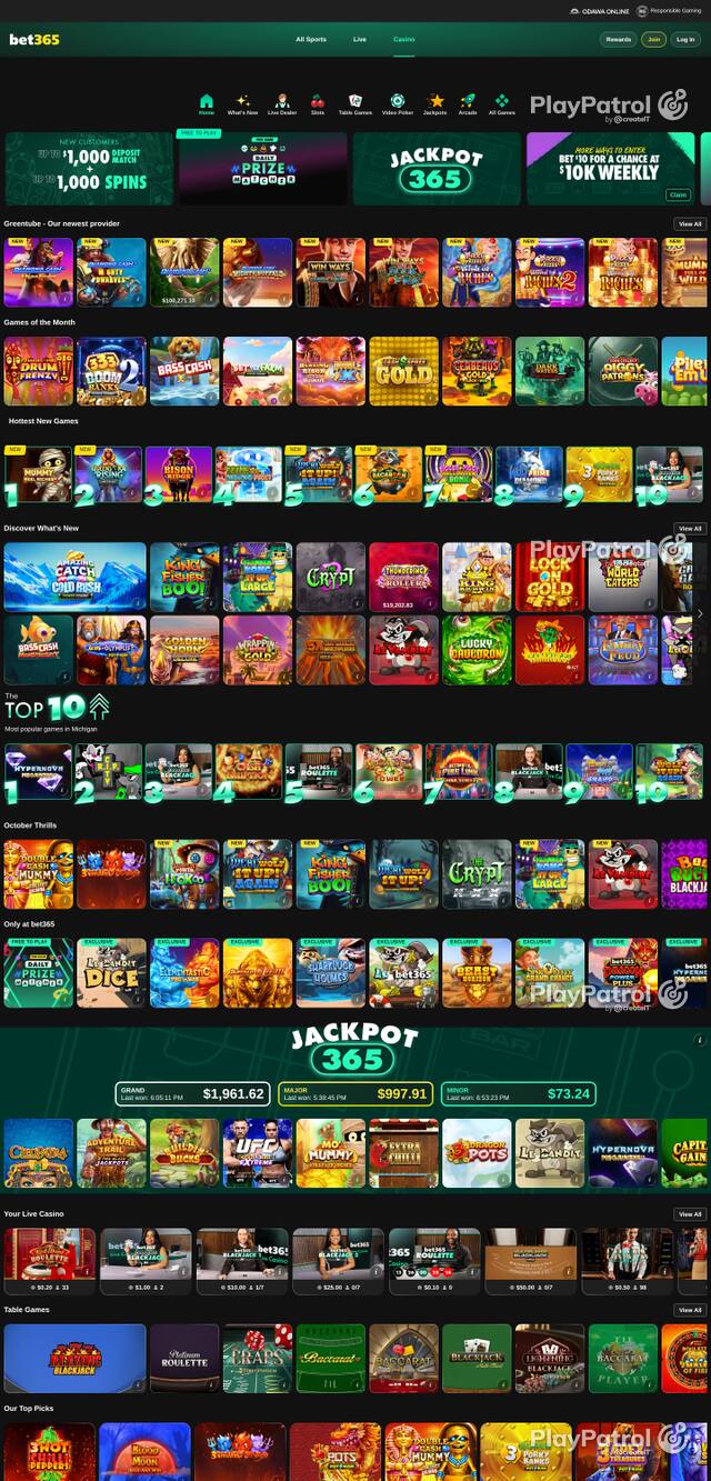 Capture of the front page of casino.mi.bet365.com (casino.mi.bet365.com) on 24 October 2026