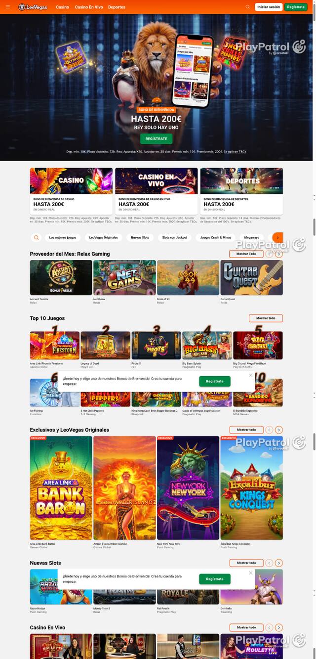 Capture of the front page of LeoVegas (leovegas.es) on 26 October 2026