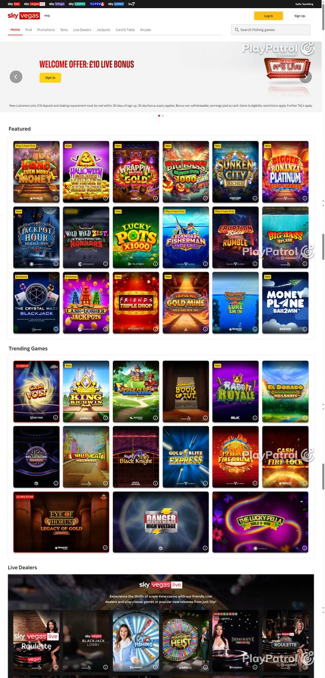 Capture of the front page of Sky Vegas (skyvegas.com) on 27 October 2026