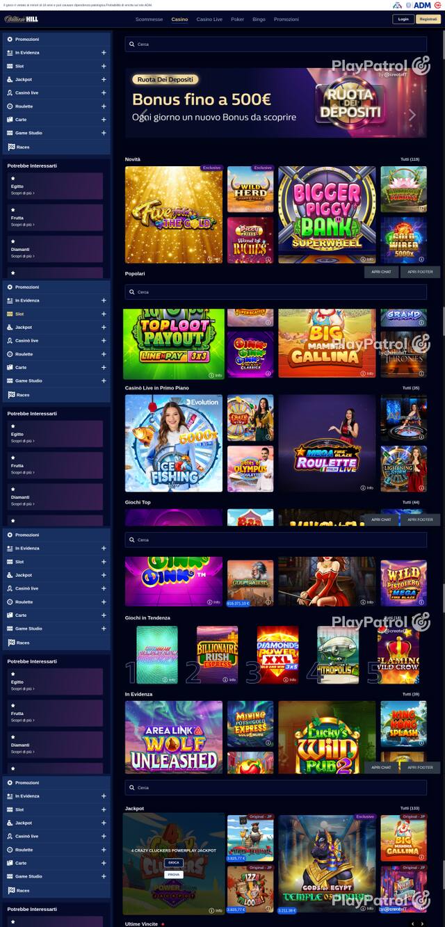 Capture of the front page of William Hill (casino.williamhill.it) on 19 October 2026