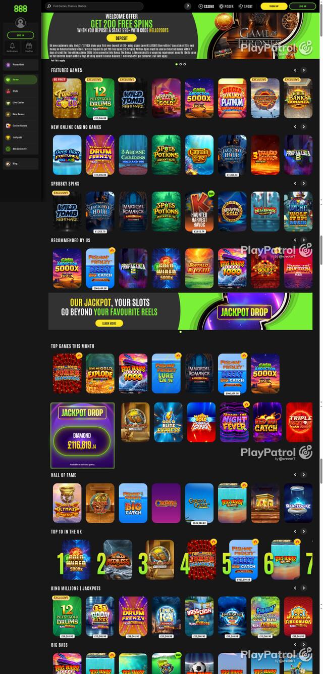 Front page of 888casino as captured on 29 October 2026