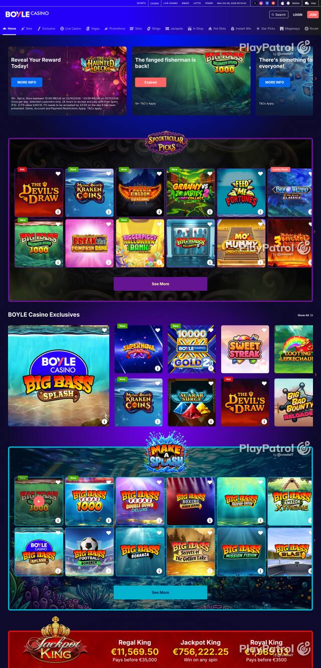 Capture of the front page of BoyleSports Casino (games.boylesports.com) on 26 October 2026
