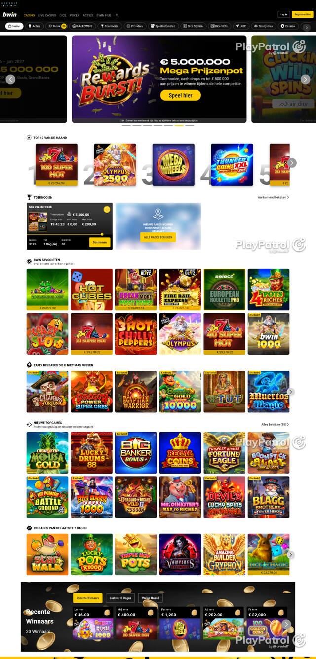 Capture of the front page of bwincasino.be (bwincasino.be) on 25 October 2026