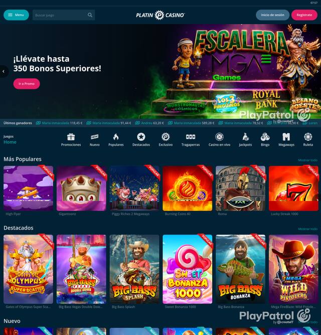 Capture of the front page of Platin Casino (platincasino.es) on 5 October 2026