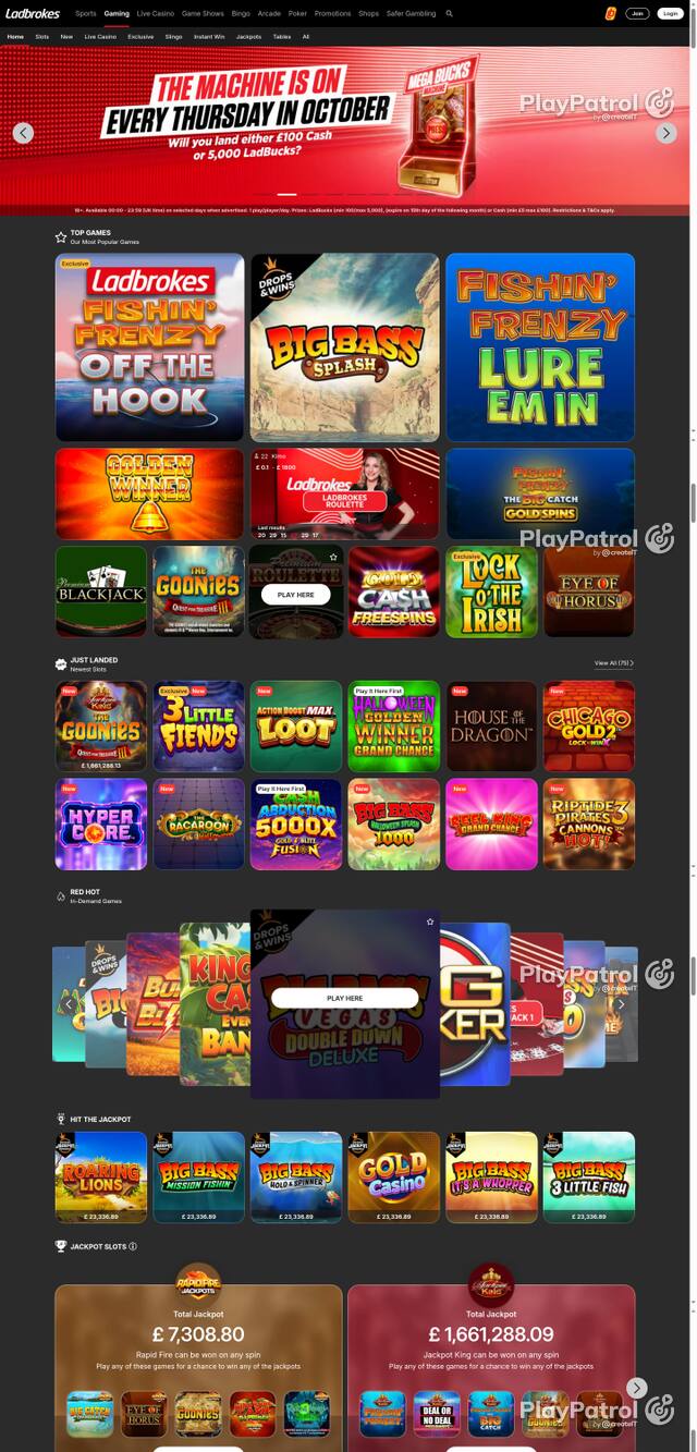 Capture of the front page of Ladbrokes (casino.ladbrokes.com) on 14 October 2026