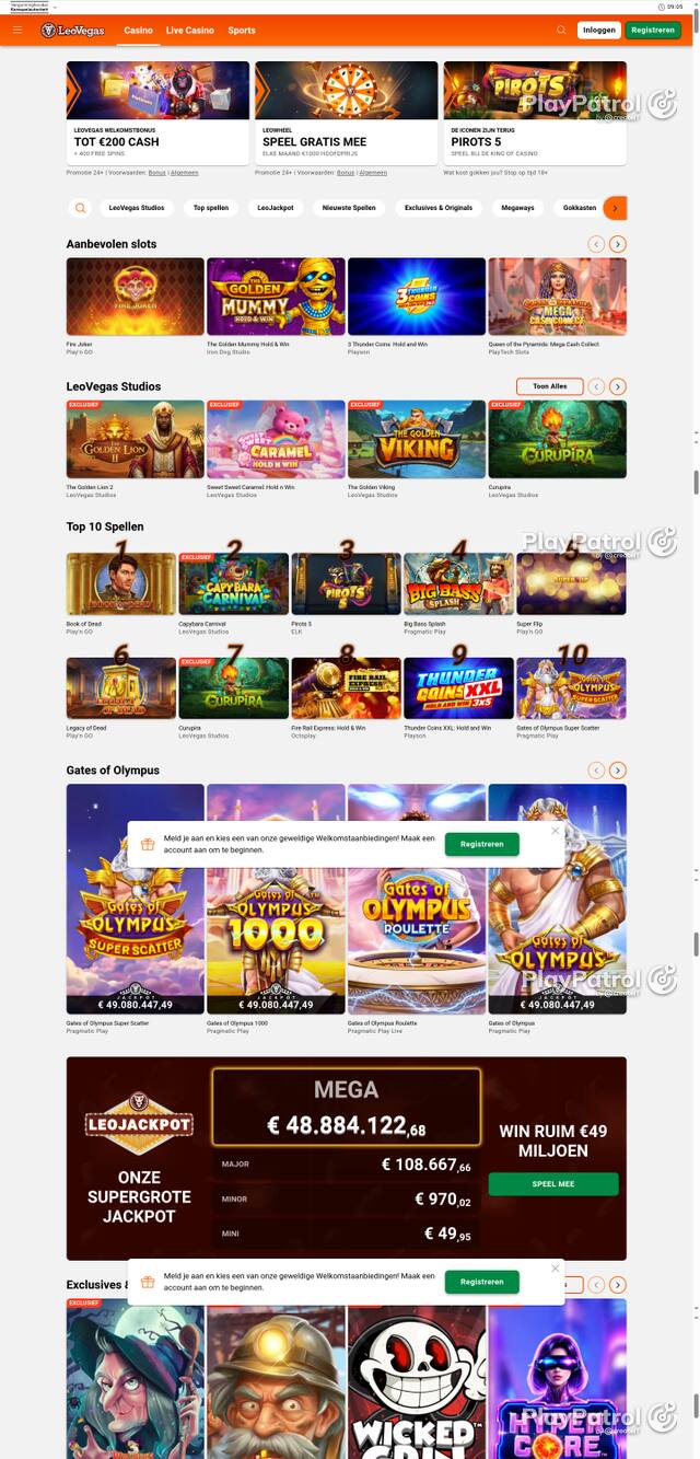 Capture of the front page of LeoVegas Casino Nederland (leovegas.nl) on 8 October 2026