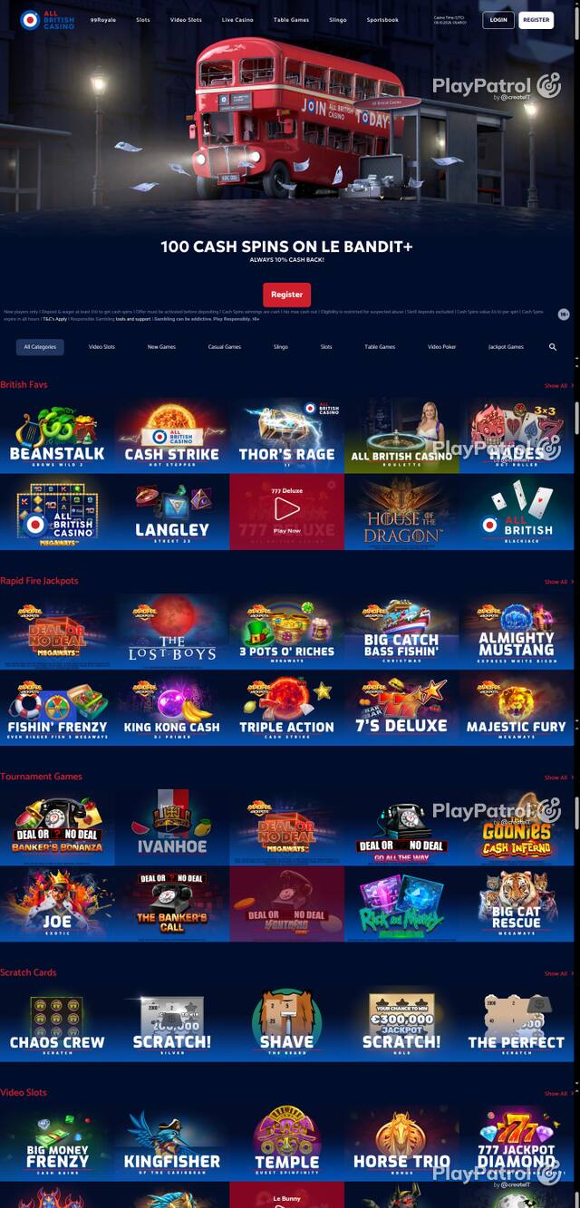 Capture of the front page of All British Casino (allbritishcasino.com) on 9 October 2026
