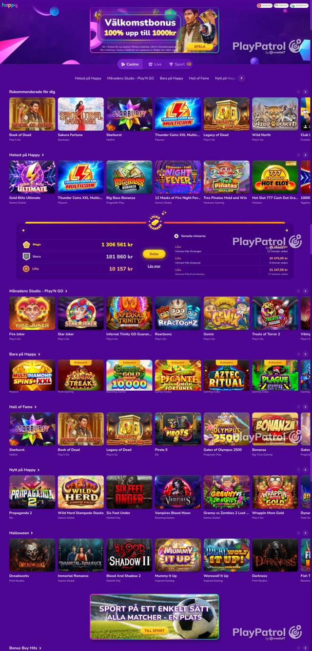 Capture of the front page of happycasino.se (happycasino.se) on 25 October 2026