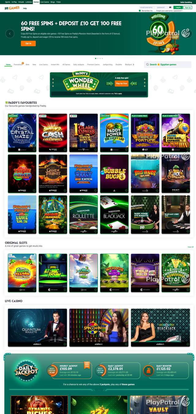 Homepage capture of Paddy Power Games recorded during the scan