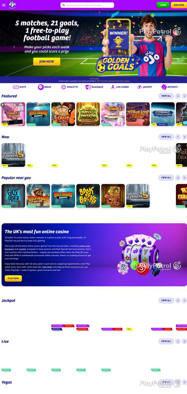 Capture of the front page of PlayOJO (playojo.com) on 3 October 2026