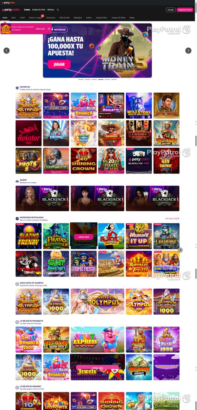 Capture of the front page of PartyCasino (partycasino.es) on 6 October 2026
