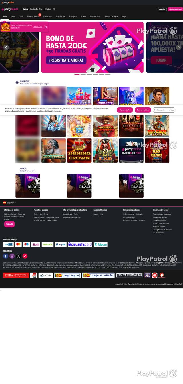 Capture of the front page of PartyCasino (partycasino.es) on 2 October 2026