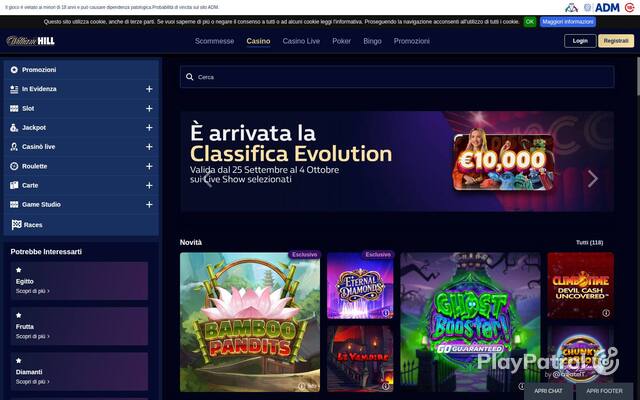 Capture of the front page of William Hill (casino.williamhill.it) on 4 October 2026