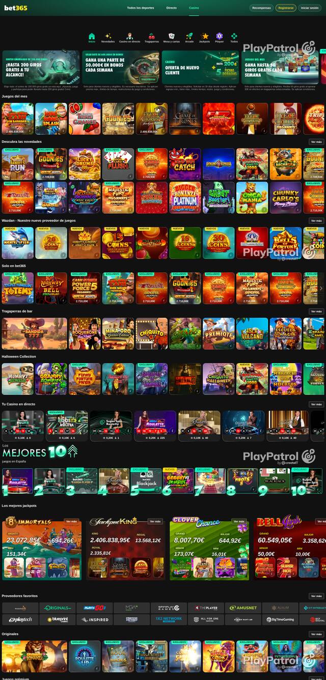 Capture of the front page of Bet365 Casino (casino.bet365.es) on 27 October 2026
