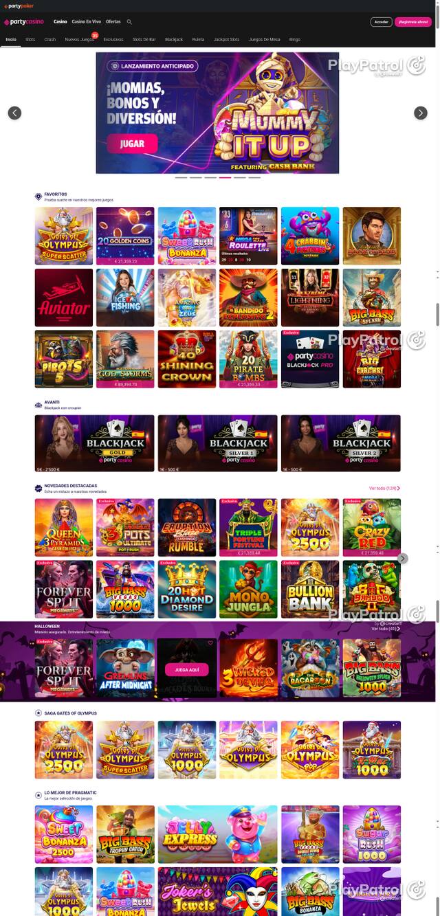 Capture of the front page of PartyCasino (partycasino.es) on 30 October 2026