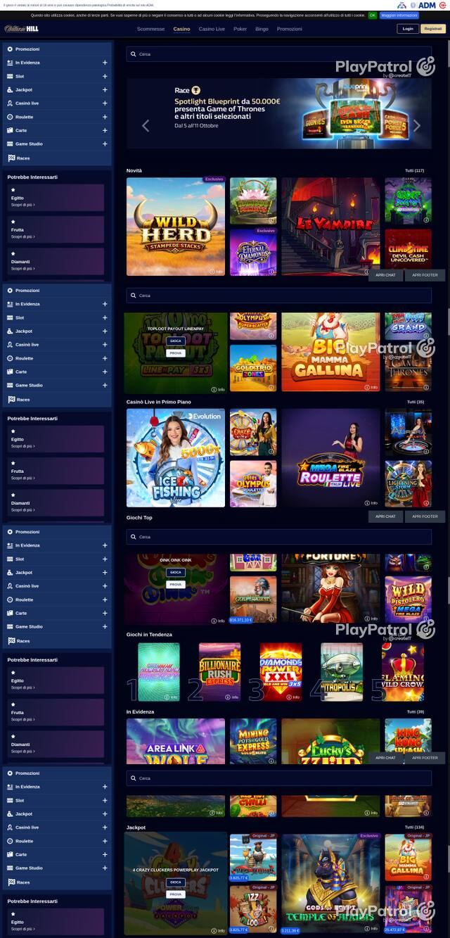 Capture of the front page of William Hill (casino.williamhill.it) on 10 October 2026