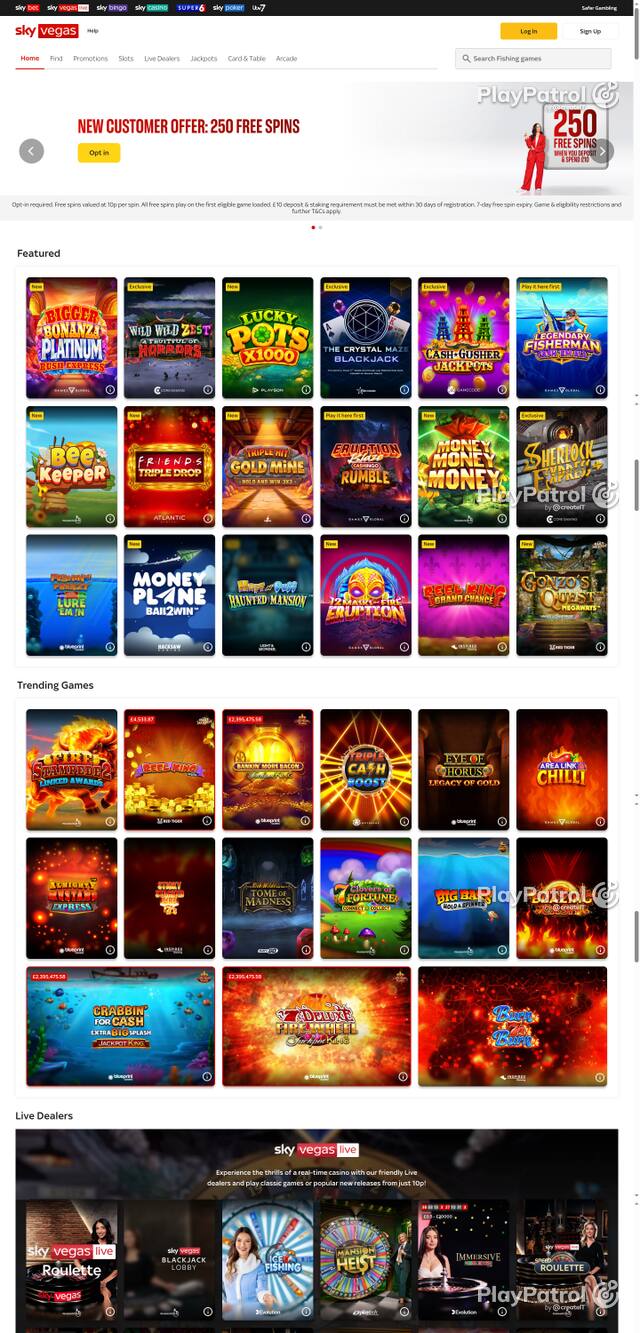 Capture of the front page of Sky Vegas (skyvegas.com) on 21 October 2026