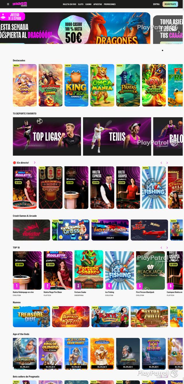 Capture of the front page of Yaass Casino (yaasscasino.es) on 18 October 2026