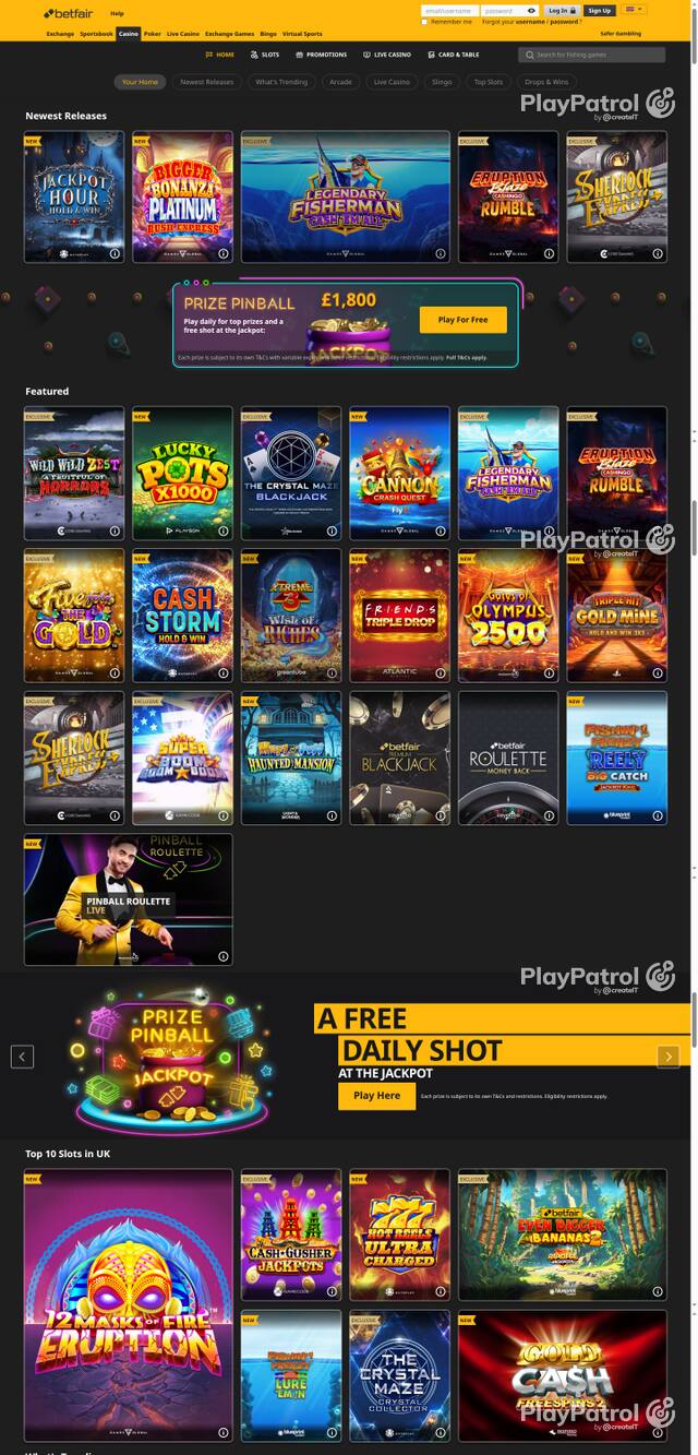 Capture of the front page of Betfair Casino (casino.betfair.com) on 25 October 2026