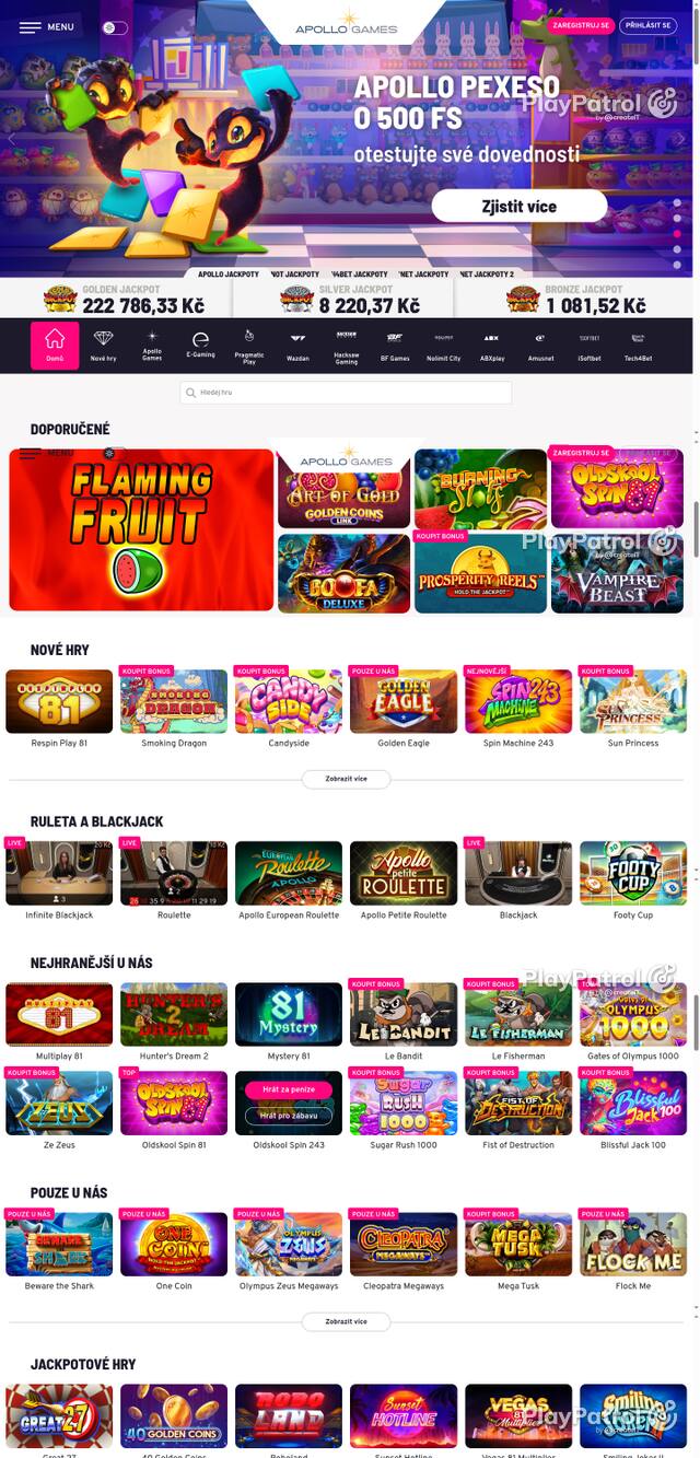 Capture of the front page of Apollo Games (apollogames.cz) on 8 October 2026