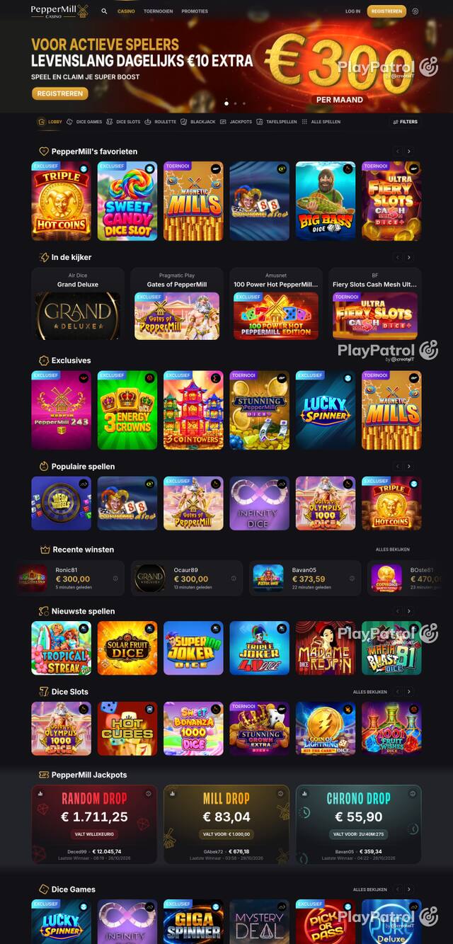 Front page of peppermillcasino.be as captured on 29 October 2026