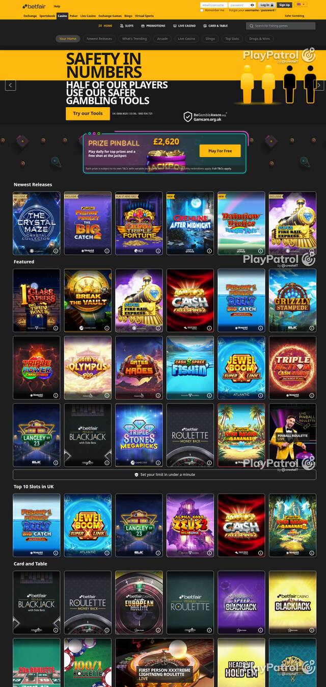 Homepage capture of Betfair Casino recorded during the scan