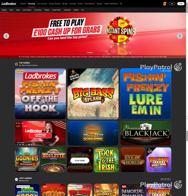 Capture of the front page of Ladbrokes (casino.ladbrokes.com) on 5 October 2026