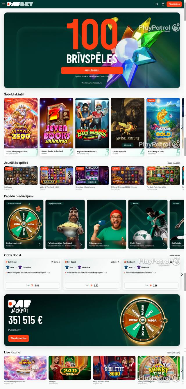 Capture of the front page of pafbet.lv (pafbet.lv) on 25 October 2026