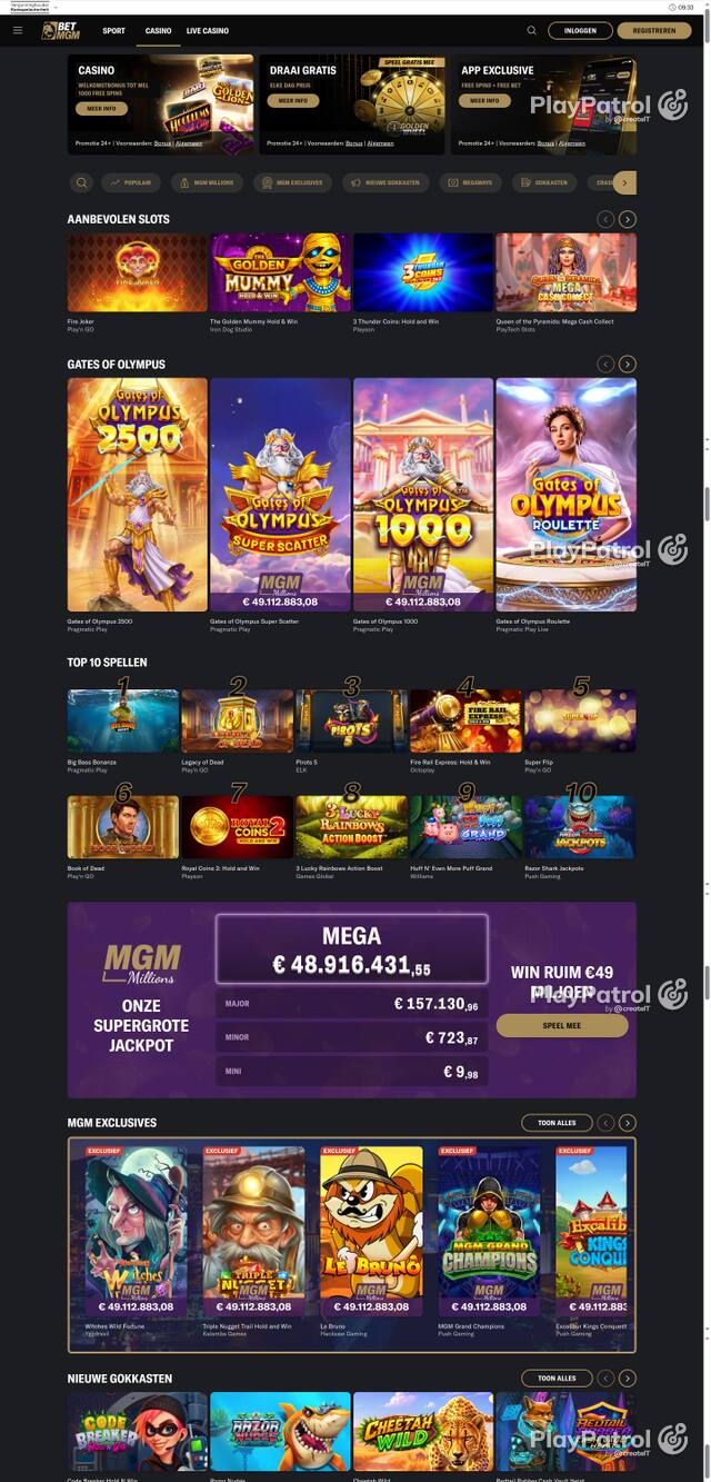 Capture of the front page of BetMGM (betmgm.nl) on 9 October 2026