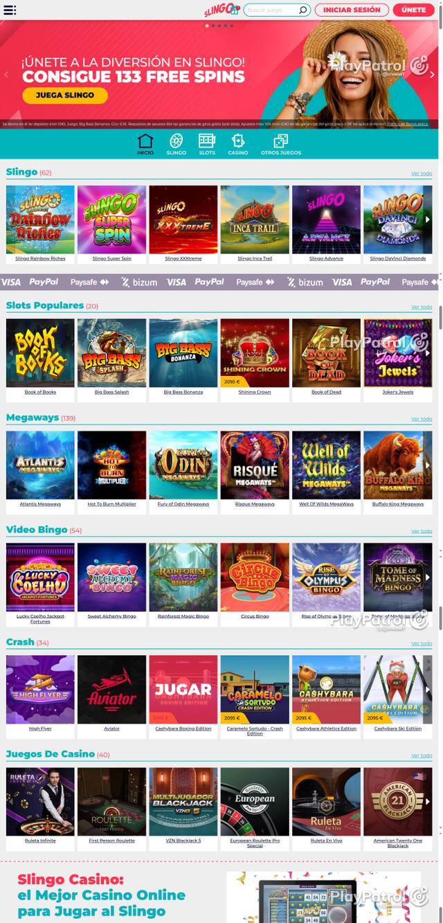 Capture of the front page of Slingo Casino (slingocasino.es) on 26 October 2026