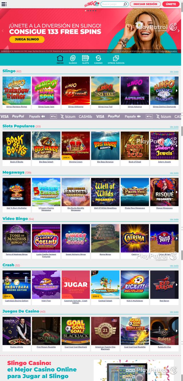 Capture of the front page of Slingo Casino (slingocasino.es) on 21 October 2026