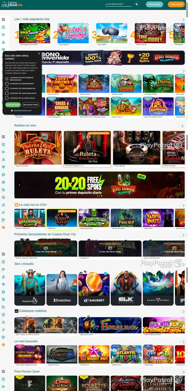 Capture of the front page of Casino Gran Vía (casinogranvia.es) on 9 October 2026