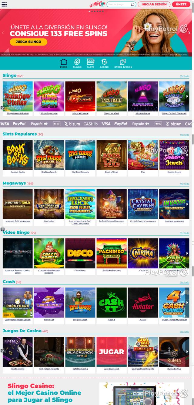 Capture of the front page of Slingo Casino (slingocasino.es) on 17 October 2026