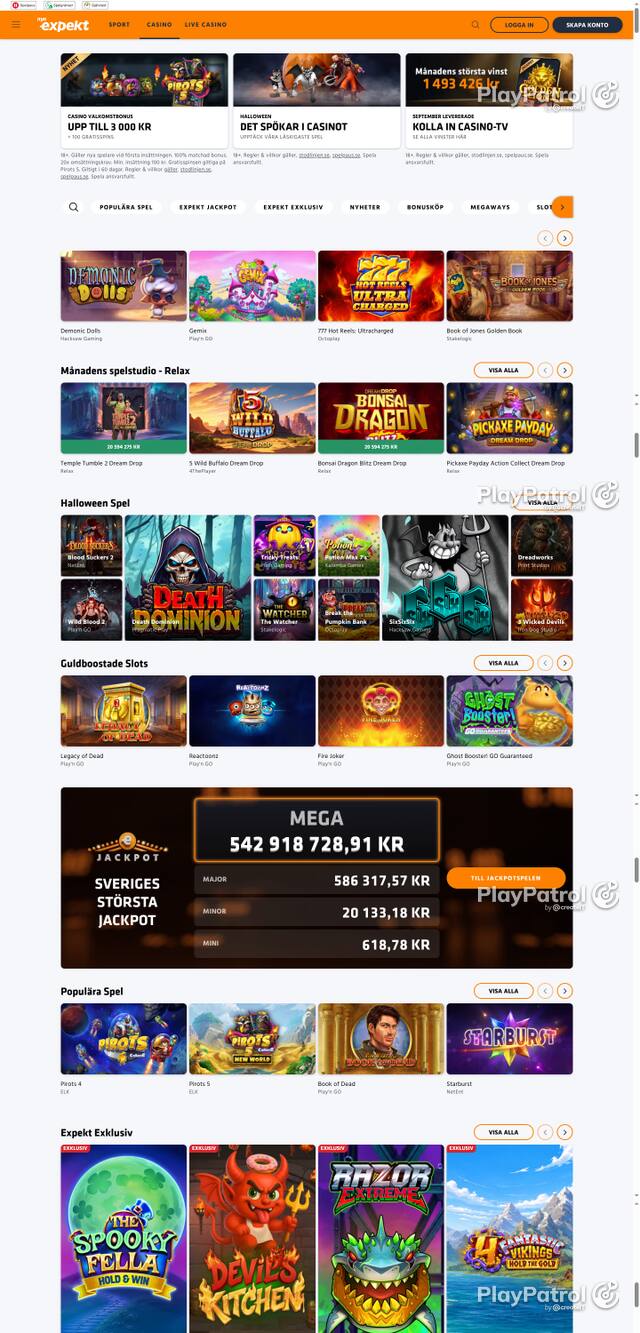 Capture of the front page of expekt.se (expekt.se) on 23 October 2026