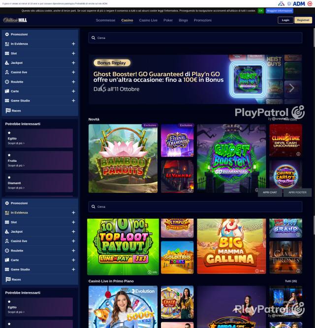 Capture of the front page of William Hill (casino.williamhill.it) on 5 October 2026