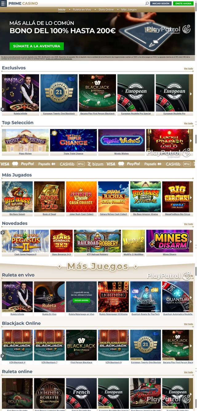 Capture of the front page of Prime Casino (primecasino.es) on 16 October 2026