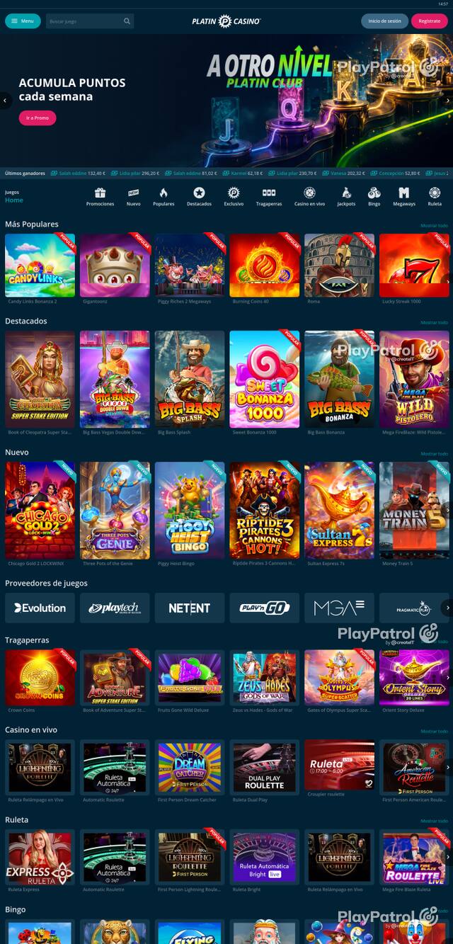 Capture of the front page of Platin Casino (platincasino.es) on 10 October 2026