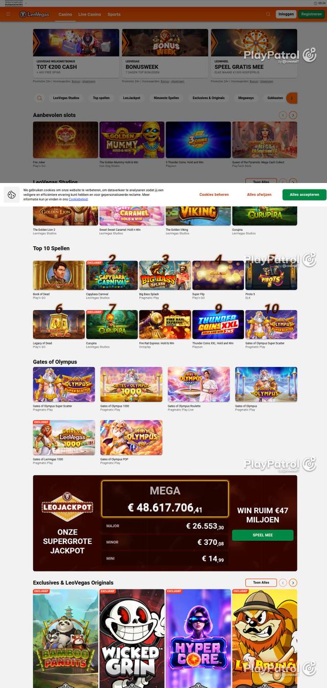 Homepage capture of LeoVegas Casino Nederland recorded during the scan