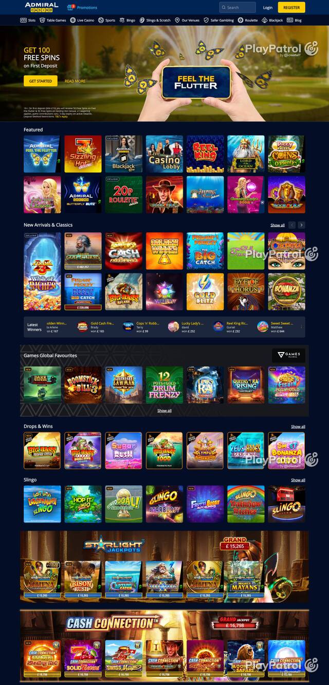 Homepage capture of Admiral Casino recorded during the scan