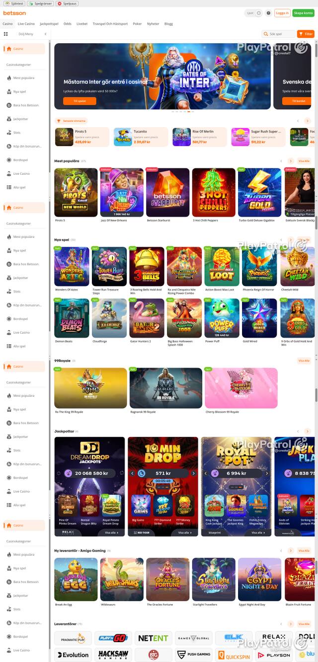Capture of the front page of betsson.com (betsson.com) on 16 October 2026