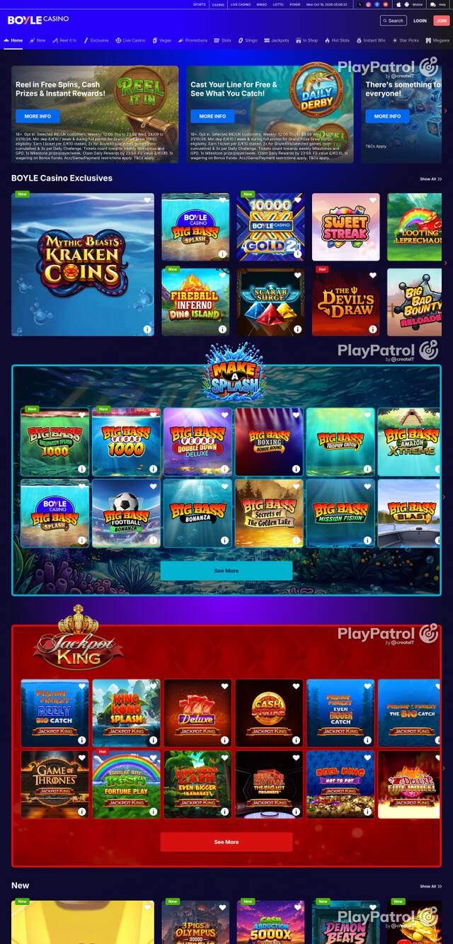 Capture of the front page of BoyleSports Casino (games.boylesports.com) on 19 October 2026