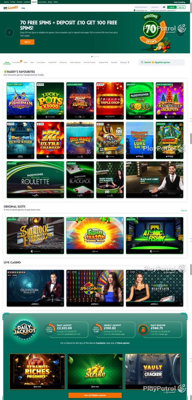 Capture of the front page of Paddy Power Games (games.paddypower.com) on 20 October 2026