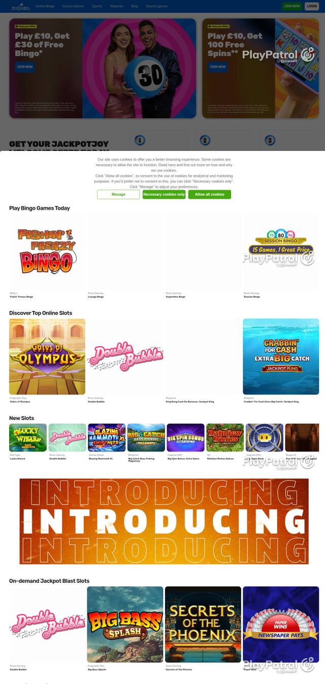 Capture of the front page of Jackpotjoy (jackpotjoy.com) on 3 October 2026
