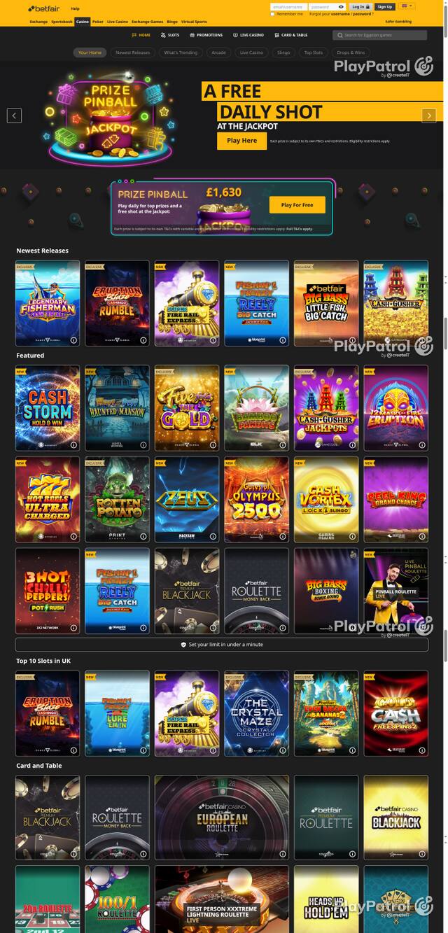 Capture of the front page of Betfair Casino (casino.betfair.com) on 14 October 2026