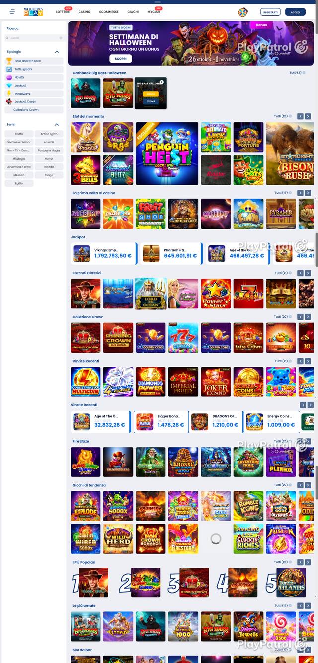 Capture of the front page of MyLotteries (mylotteriesplay.it) on 27 October 2026