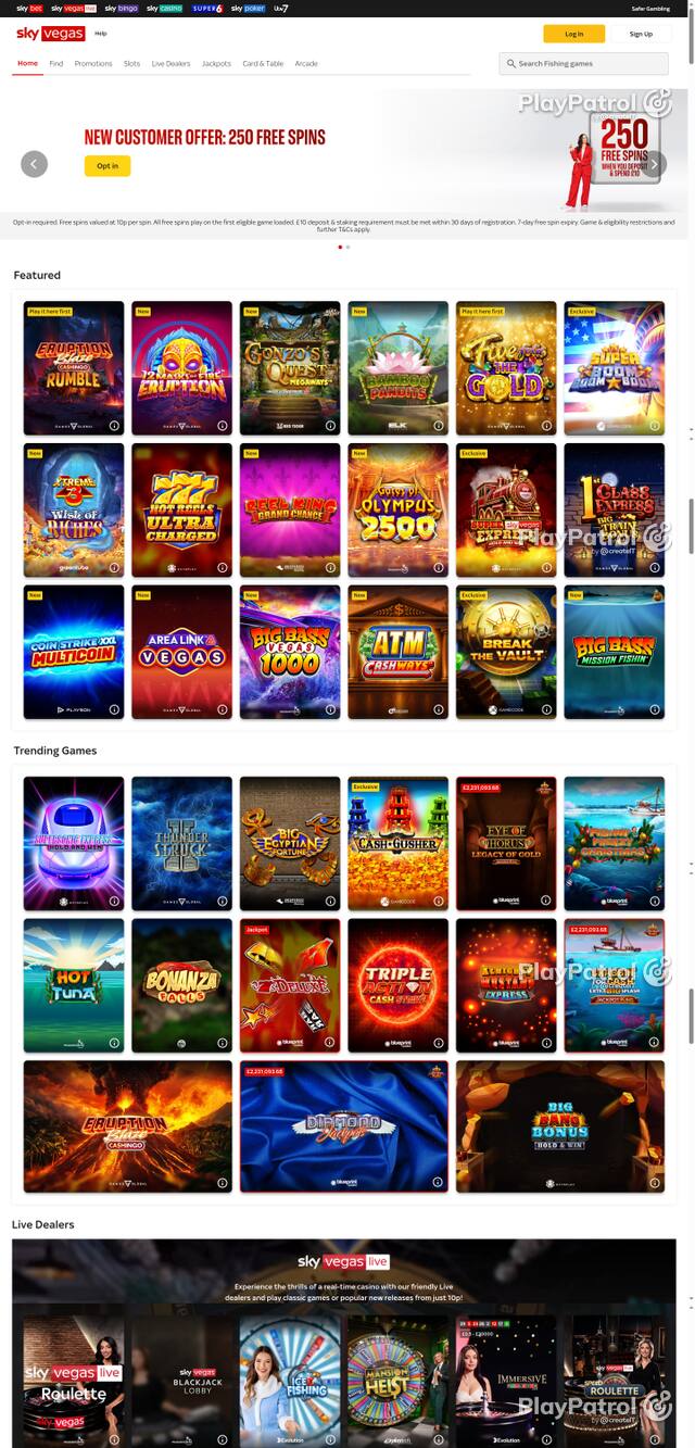 Capture of the front page of Sky Vegas (skyvegas.com) on 8 October 2026
