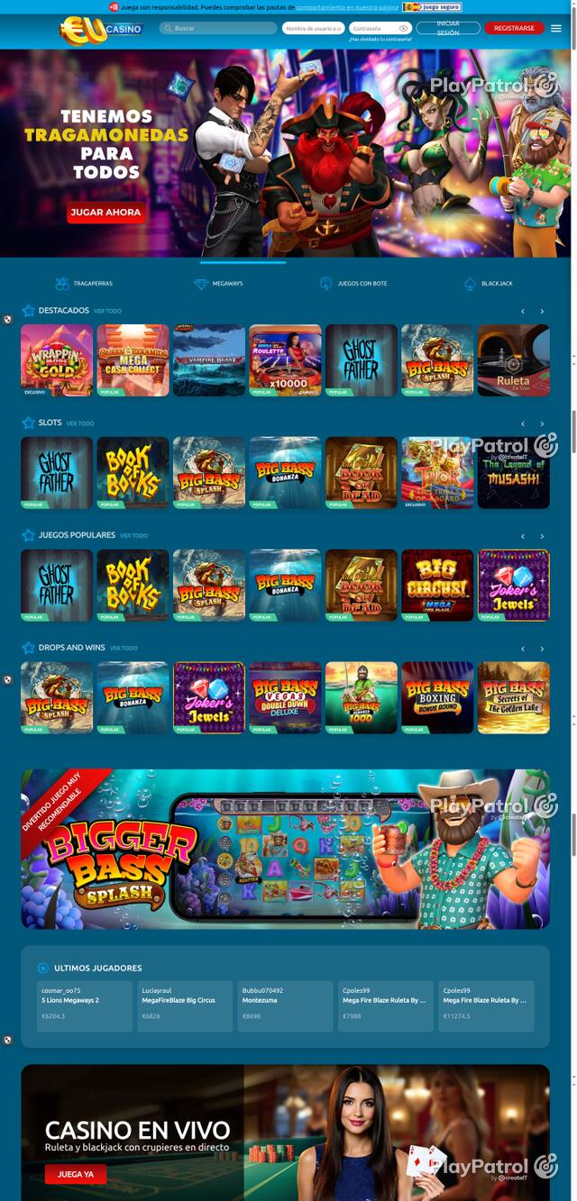 Capture of the front page of EU Casino (eucasino.es) on 14 October 2026