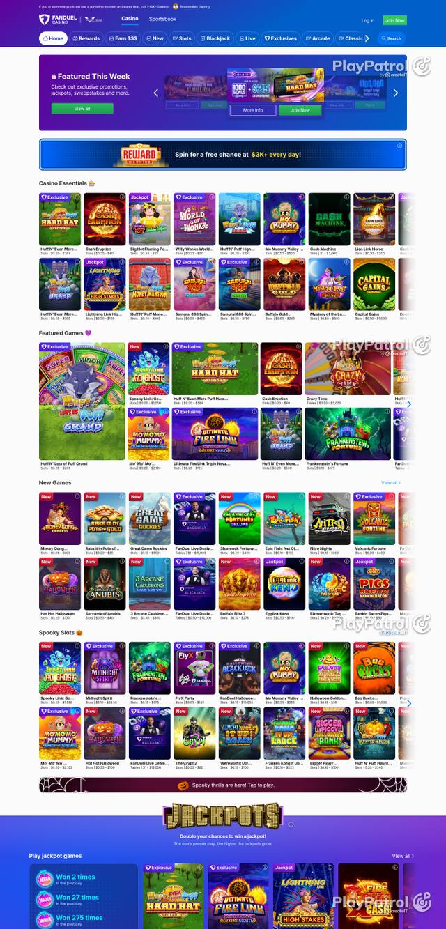 Front page of casino.fanduel.com as captured on 29 October 2026