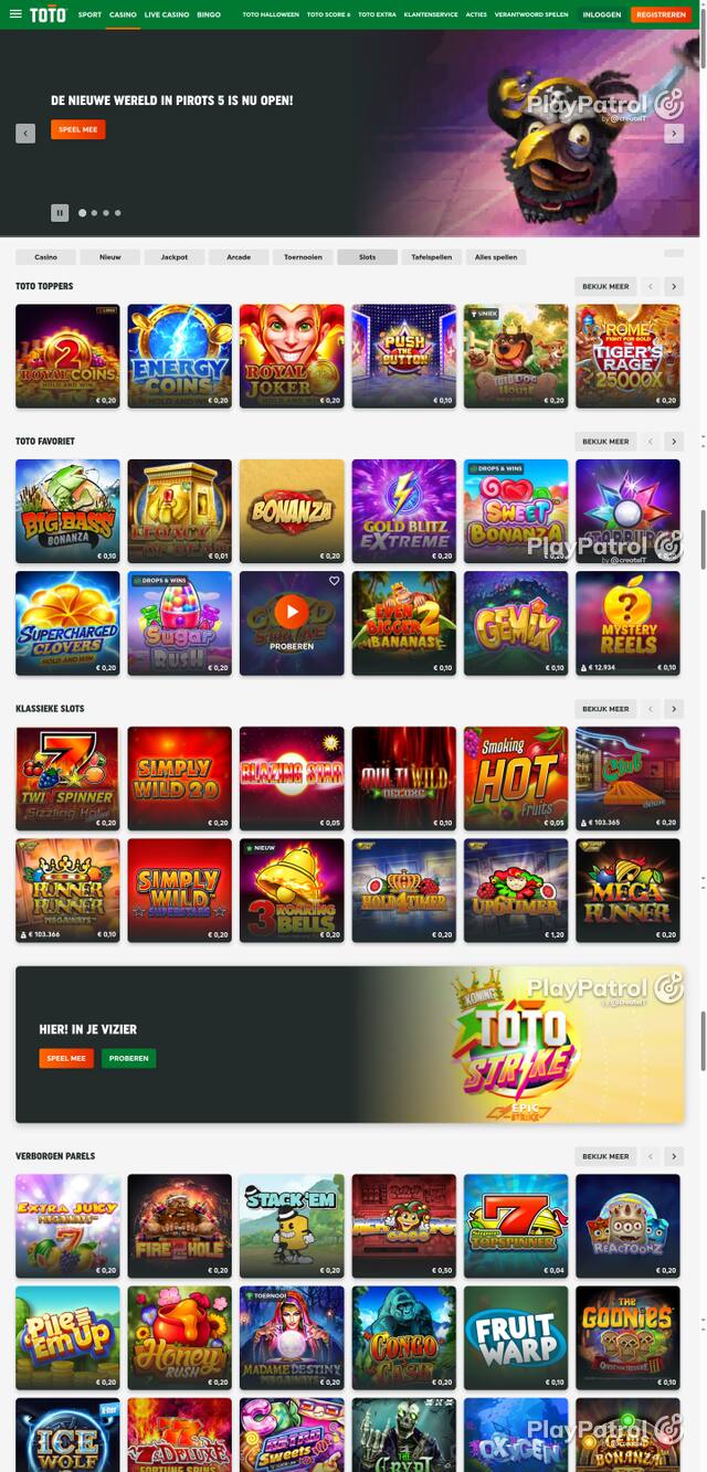 Capture of the front page of TOTO Casino (casino.toto.nl) on 27 October 2026
