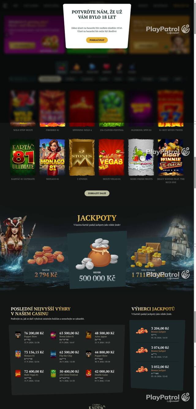 Capture of the front page of Casino Kartac (casino-kartac.cz) on 7 October 2026